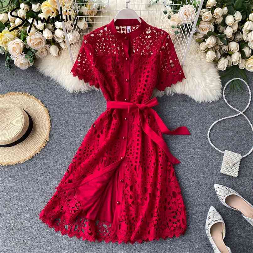 Vintage Lace Dress for Women Summer Button Up Hollow Out O-Neck Office Lady Midi Dresses with Belt Red White Black 210607
Vintage Lace Dress for Women Summer Button Up Hollow Out O-Neck Office Lady Midi Dresses with Belt Red White Black 210607