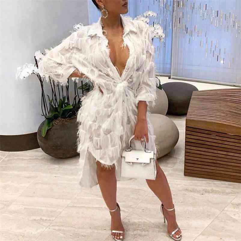 White Plush Dress Womens Long Sleeve Turn Down Collar Asymmetrical For Evening Party Night Mid Calf Fashion Female Midi Dresses 210510