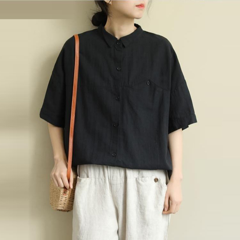 Arrival Summer Arts Style Women Short Sleeve Vintage Cotton Linen Shirt Loose Casual Turn-down Collar Blouses Plus Size S935 210512