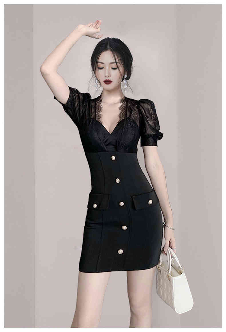 Korea Chic Sexy See Through Lace Patchwork V-Neck Puff Sleeve Bodycon Dress Elegant Office OL Sheath Vestidos 210519