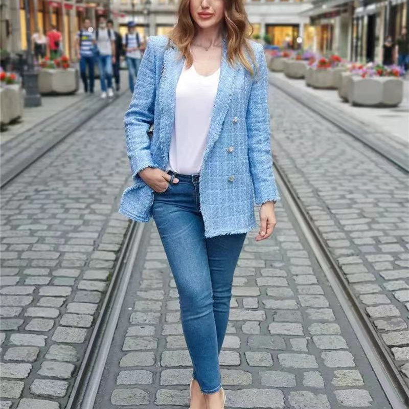 PUWD Elegant Woman Blue Loose Plaid Tweed Blazer Coat Autumn Female Streetwear Outwear Ladies Casual Diamond Button Jacket 210522