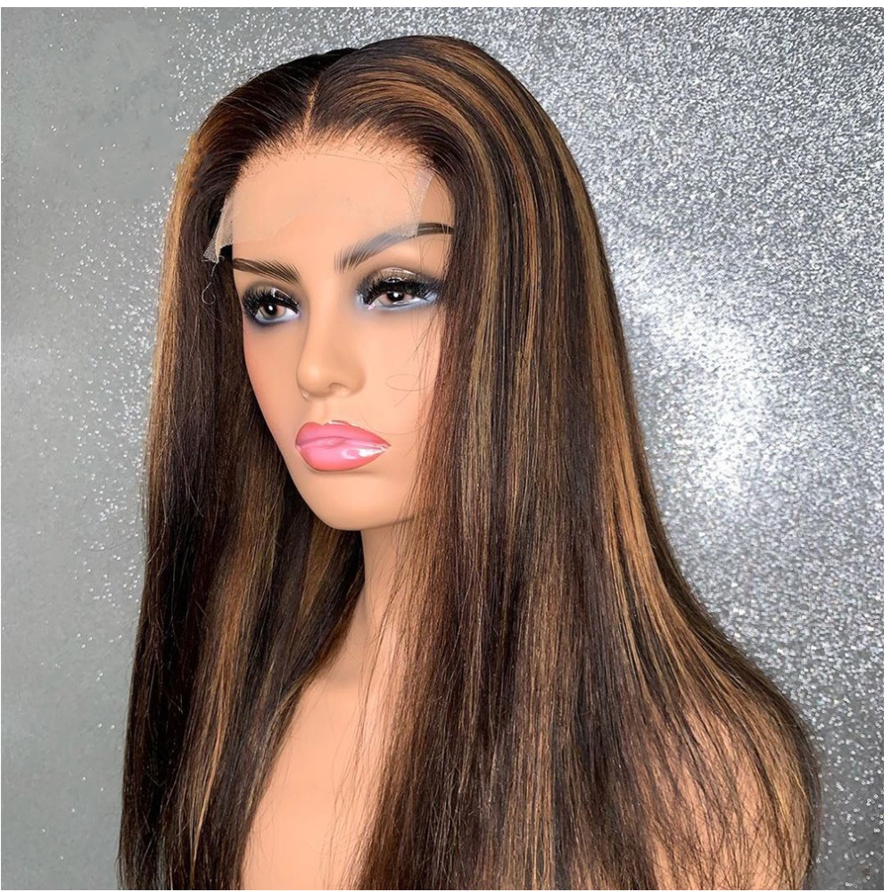 

Honey Blonde Ombre Brown Highlight Color Wigs Brazilian Lace Front Human Hair For Black Women 13x1 Synthetic Frontal Wig, Ombre color like picture show