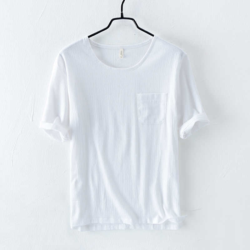 O-Neck Short Sleeve T-Shirts For Men Loose Casual Solid Color Tops & Tees Chest Patch Pocket Cotton Linen Men's Fashion Clothing 210601