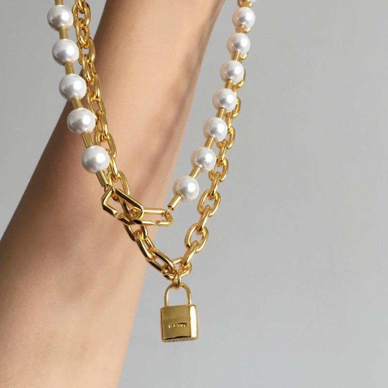 Brand Pure 925 Sterling Silver Jewelry For Women Long Lock Neckalce Pearls Pendant Luck Gold Color Party Necklace Chains