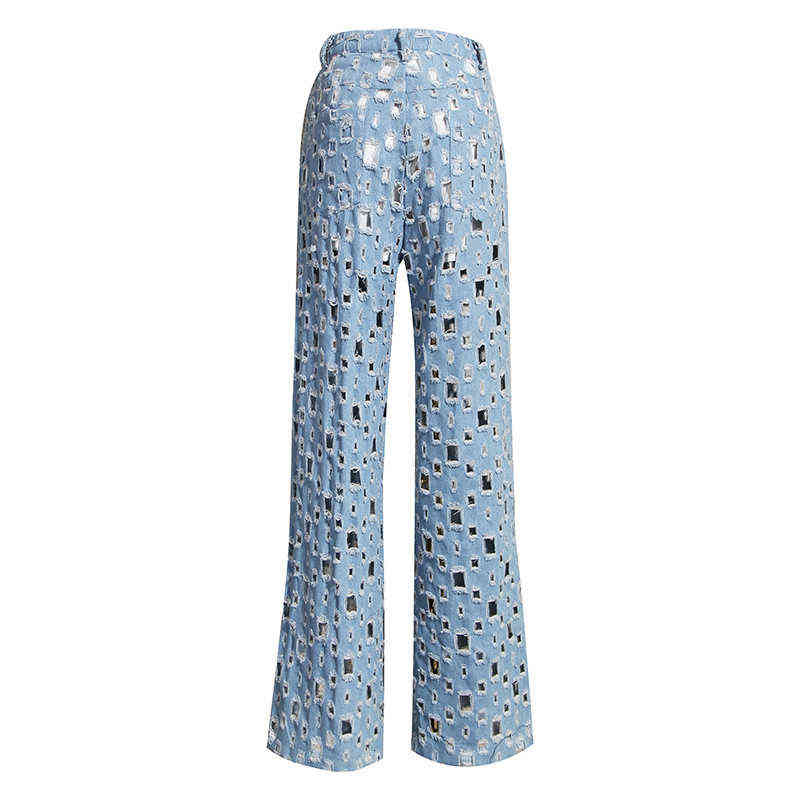 [EAM] Wide Leg Blue Denim Hollow Out Long Jeans High Waist Loose Women Trousers Fashion Spring Autumn 1K434 211129