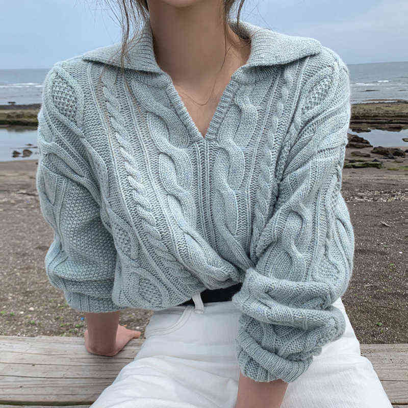 Alien Kitty Retro Women Sweater Pullovers Knitted Casual Solid Autumn Turn-down Collar Feminine Loose All Match Soft Sweet Tops 211109