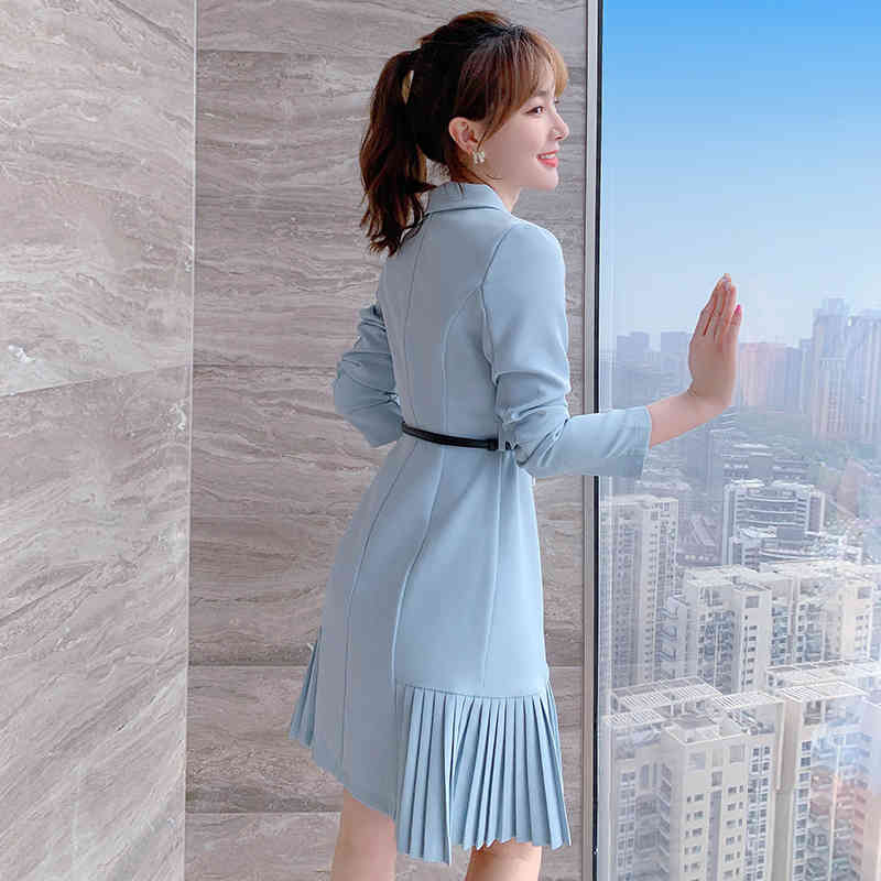 Light Blue Stand Collar Double Breasted Pleated Skirt High Waist Stitching Temperament Goddess Office Lady French Dress 210515
