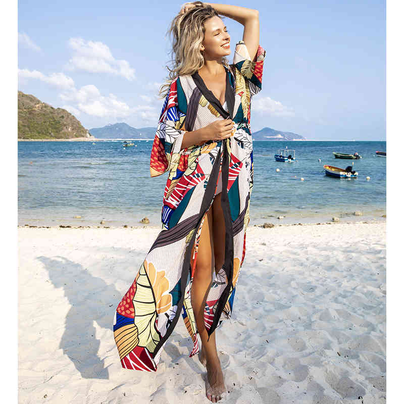 Sexy Bikini Cover-ups Cotton Tunic Boho Printed Summer Beach Dress Elegant Women Plus Size Wear Swim Suit Cover Up Q1116 210420