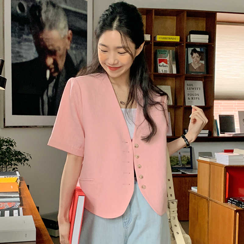 Korejpaa Women Shirt Summer Korean Chic Retro Temperament V-Neck Single-Breasted Loose Versatile Short-Sleeved Blouses 210526