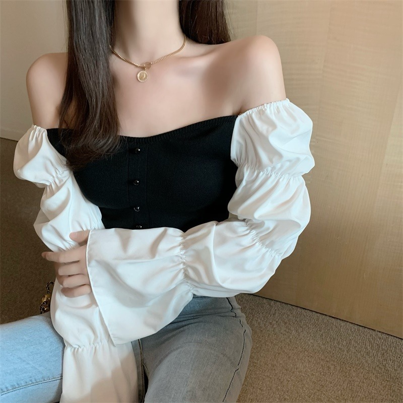 Sexy Tops Woman Sweaters Slash Neck Spring Patchwork Mujer Sueteres Short Slim Ins Pull Femme Clothes 19418 210415