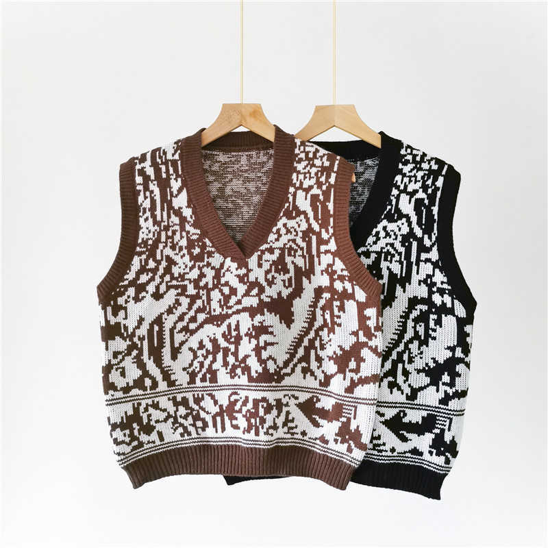 H.SA Autumn Knitted Sweater Women Loose Thicken Leaf Sweaters Sleeveless Warm Winter Vintage Vneck Sweater Pullovers 210716