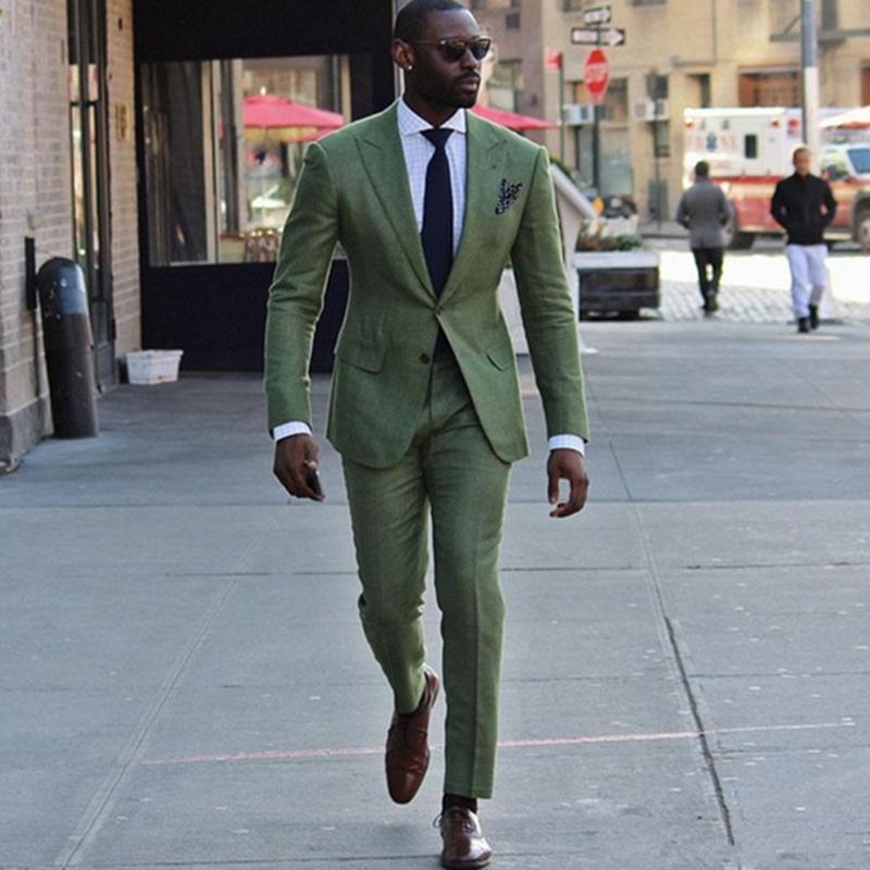 Handsome Sage Green Men Suits Wedding Tuxedos Custom Made Slim Fit Two Piece Groom Formal Wear Jacket Pants Male Blazer Prom Evening Gowns