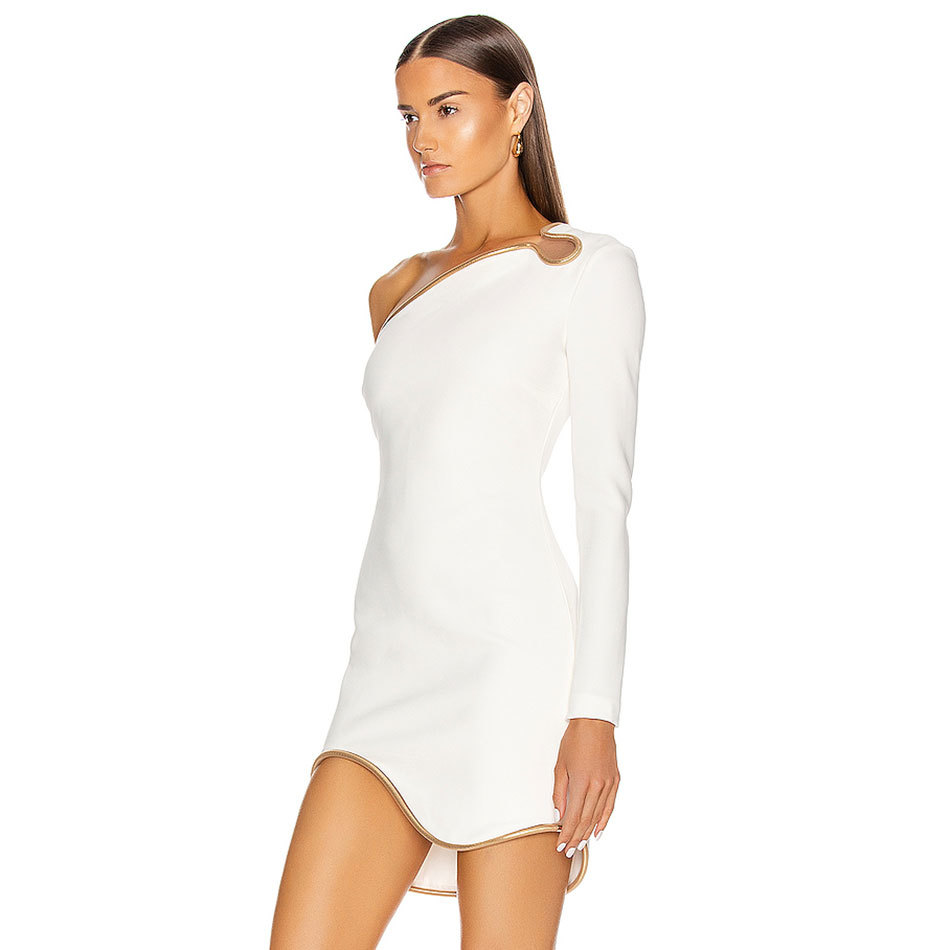 Free Chic Bandage Dress Women Sexy One Shoulder Long Sleeve White Bodycon Celebrity Runway Party Club Dresses 210524
