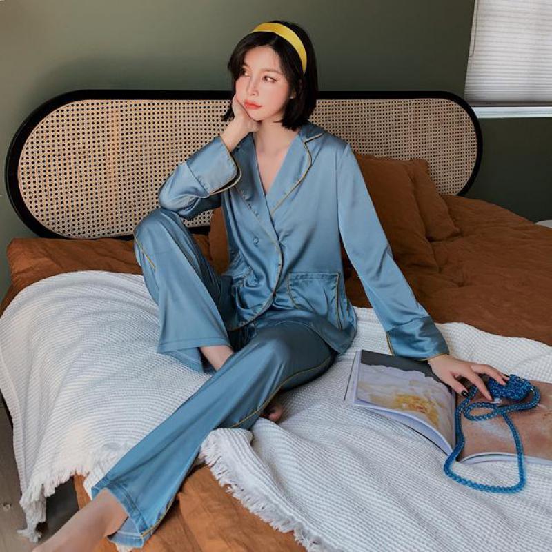 Summer Satin 2PCS Pajamas Suit Women Shirt&Pants Sleepwear Silky Homewear Pyjamas Casual Kimono Gown Intimate Lingerie Women's