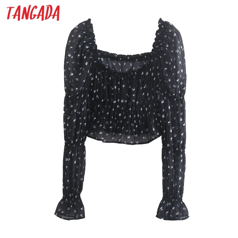 Women Retro Print Pleated Crop Long Sleeve Summer Chic Female Sexy Slim Shirt Tops CE132 210416