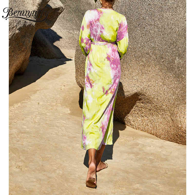 Surplice Neck Tie Dye High Split Long Dresses Women Summer Vacation Casual Waist Drop Sleeve Belt Dress 210510