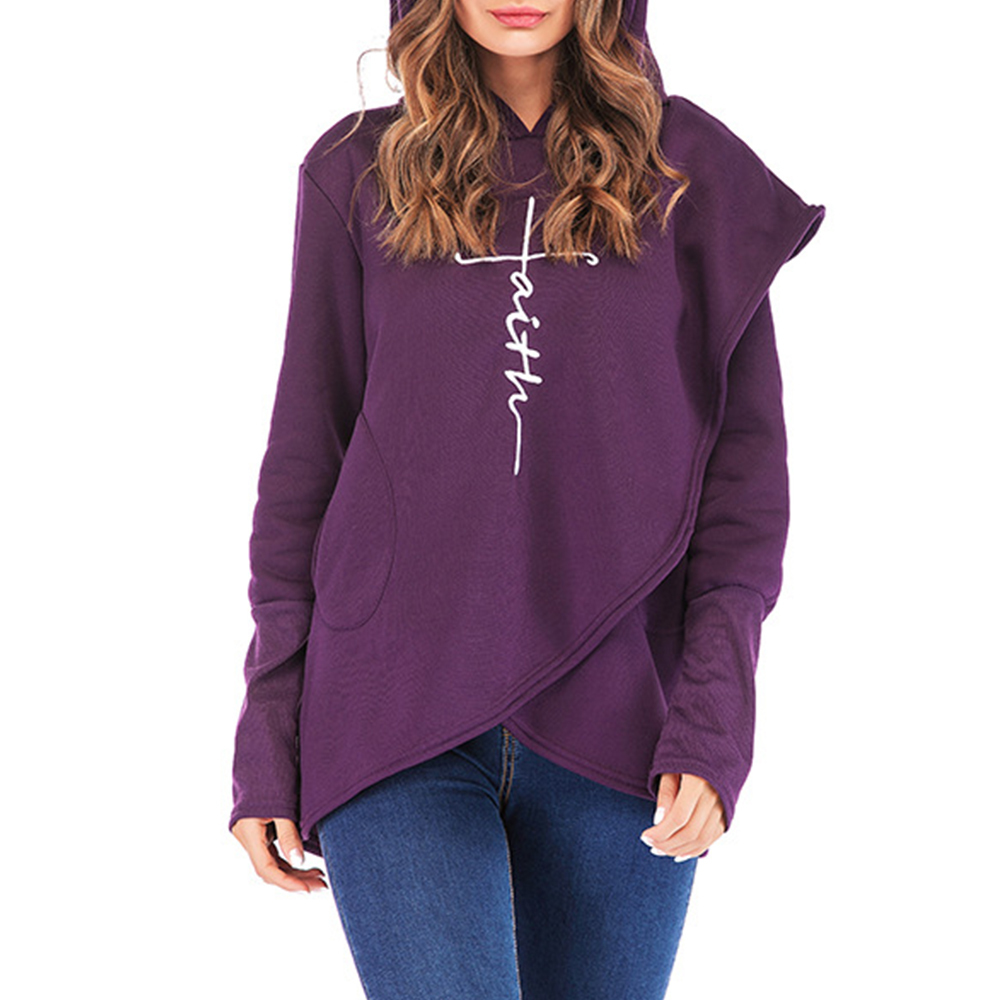 Casual Long Sleeve Hoodies for Women Autumn Pockets Letter Print Irregular Sweatshirt Oversized Tops 210428