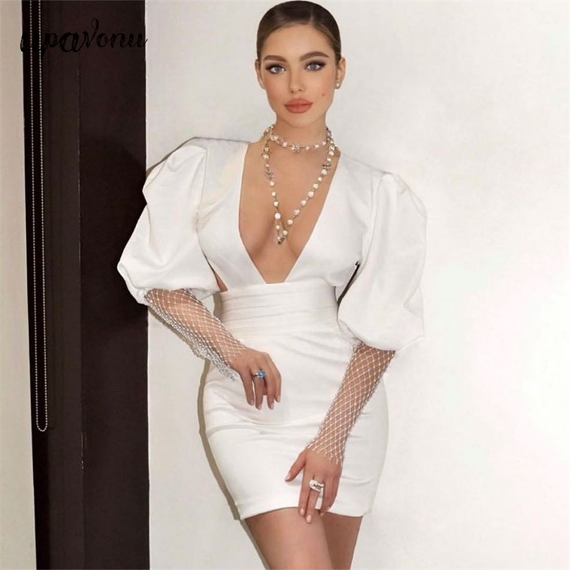 Free Puff Sleeve Patchwork Beading Backless Women's Dresses V Neck Long Lace Up Sexy Vestidos 210524