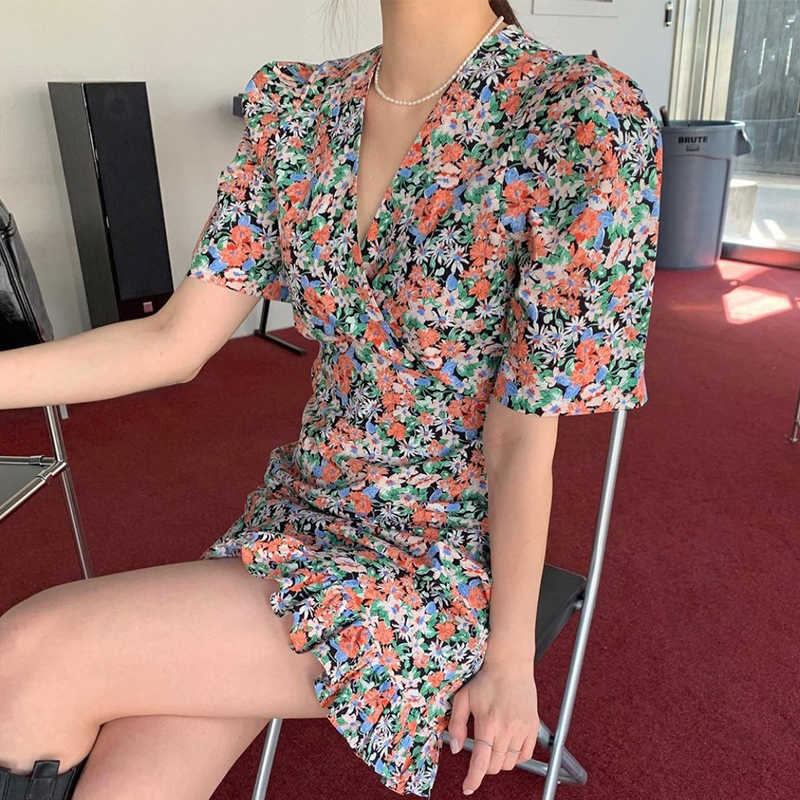 Korejpaa Women Dress Korean Chic Temperament Elegant Violet Shredded Flower V-neck Waist Bag Hip Lotus Leaf Side Vestido 210526