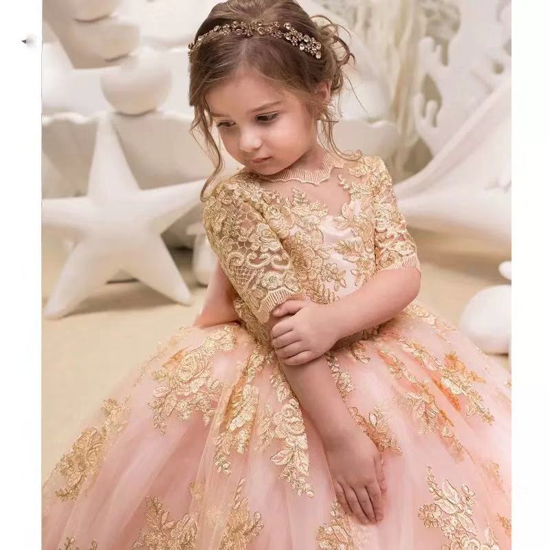 2021 Gold Glitz Ball Gown Princess Little Girls Pageant Dresses Fuchsia Little Baby Camo Flower Girl Dresses for Wedding with Big Bow