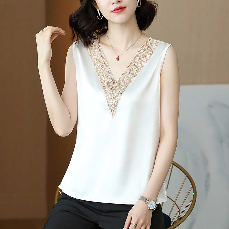 Korean Fashion Silk Tank Top Women Satin Office Lady Lace Solid Plus Size XXXL/5XL Clothing for 210531