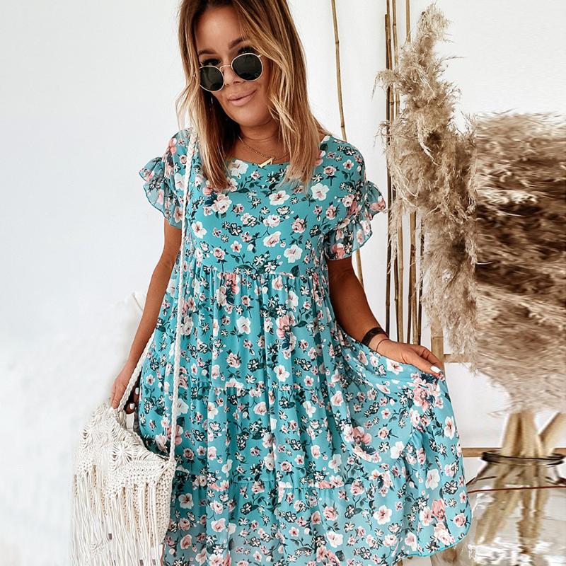 Summer Womens Casual Floral Print Dress 2021 Boho Short Sleeve Woman Fashion Female Loose Ruffles Mini Dresses For Robe Femme