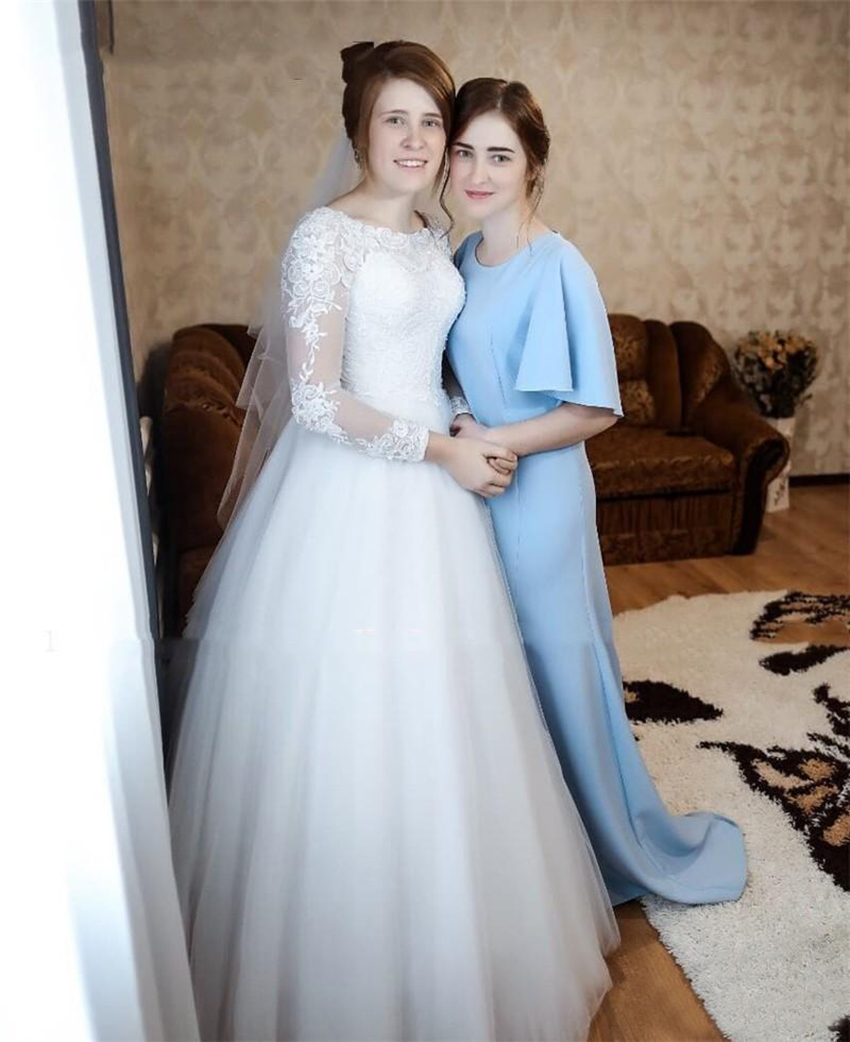 Light Sky Blue Mermaid Bridesmaid Dresses 2021 Jewel Short Sleeve Sweep Train Country Wedding Guest Gowns robes de demoiselle d'honneur