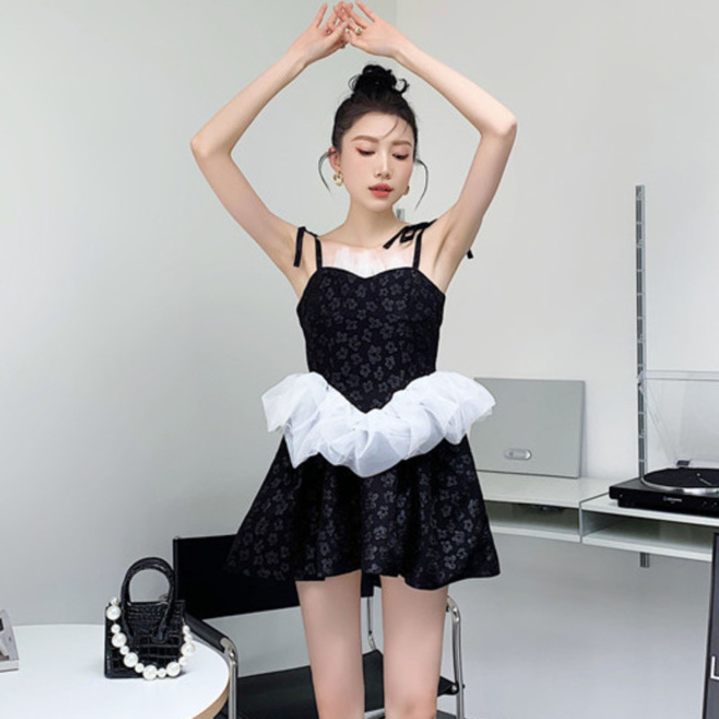 Women Dress Printing Sleeveless High Waist Patchwork Temperament Cute Short Dresses Fit Fashion Summer 2H280 210526