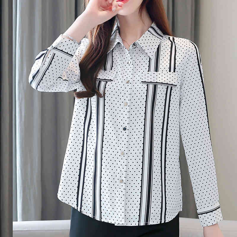 Fashion Black Plus Size Striped Women Blouse Shirt OL Long Sleeve Cardigan Polka Dot Blusas Mujer 6625 50 210506