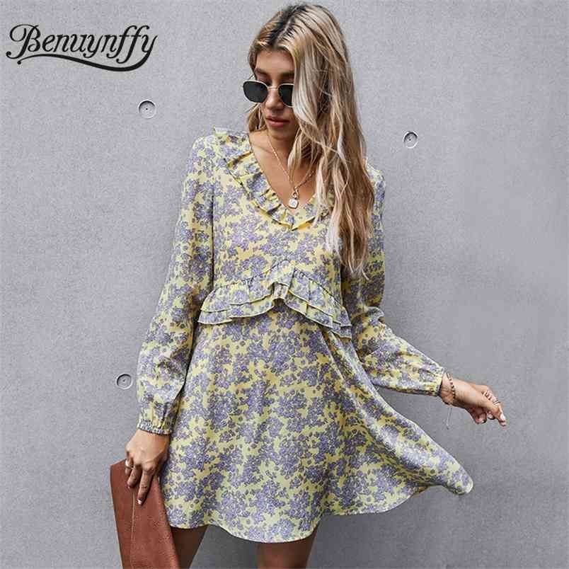 Ruffle Floral Print Tunic Mini Dresses Women Autumn High Waist Long Sleeve Boho Elegant V Neck Female A-Line Dress 210510