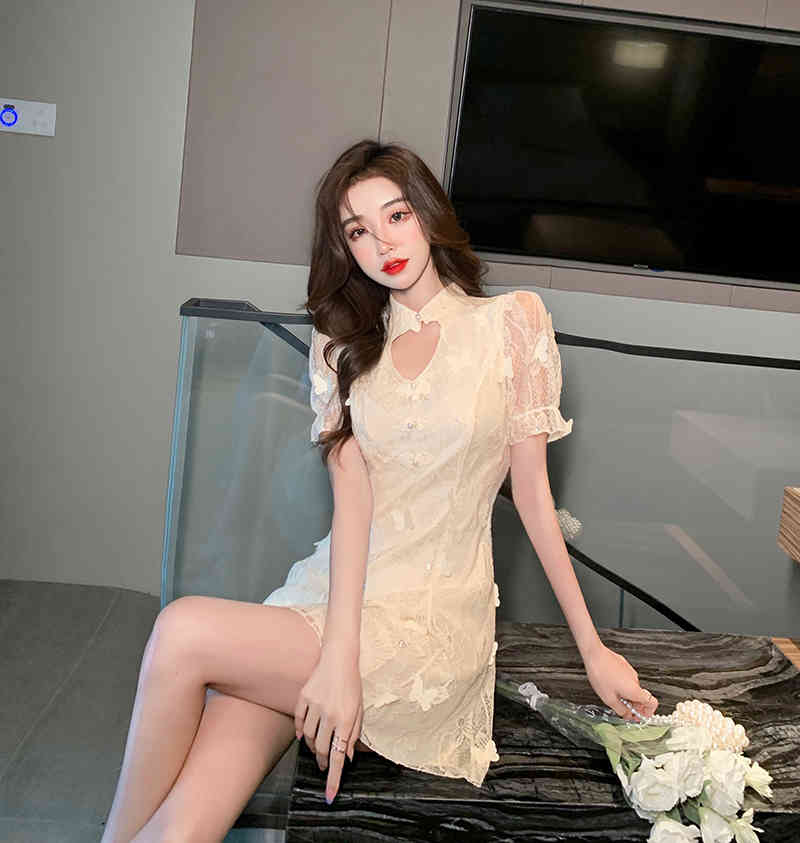Summer Elegant Retro Cheongsam Improved Version Dress Fashion Lace Short Sleeve Slim Mini Party Dresses Vestidos 210519