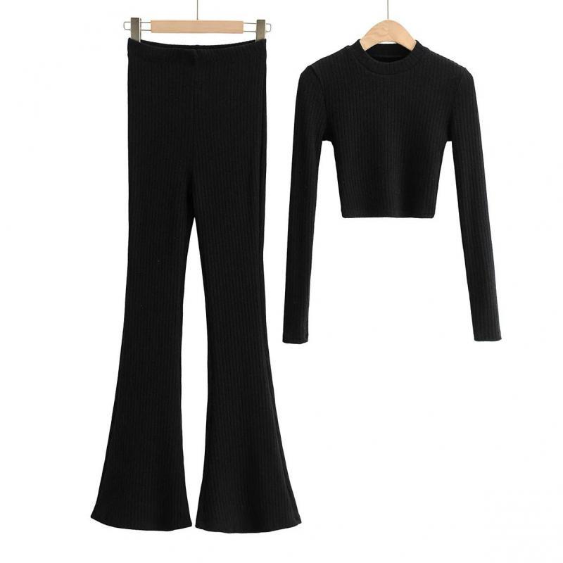 Women Set Woman T-shirt Pants Sets Long Sleeve Short Tops High Waist Wide Leg Fashion Two-piece 210524