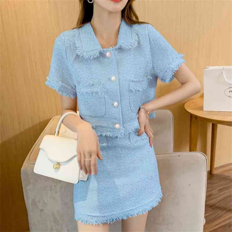Korea Two Piece Set Women Elegant Fashion Tweed Peter Pan Collar Short Sleeve Crop Top + Mini Skirt Suit 210519