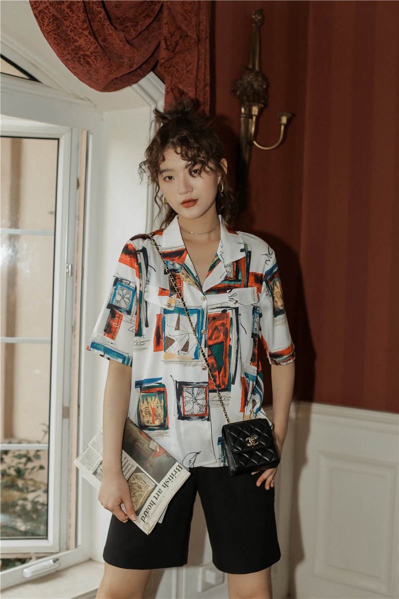 Baroque Vintage Blouse Summer Short Sleeve Button Up Shirt Print Loose Notched Collared Top And Clothing 210427