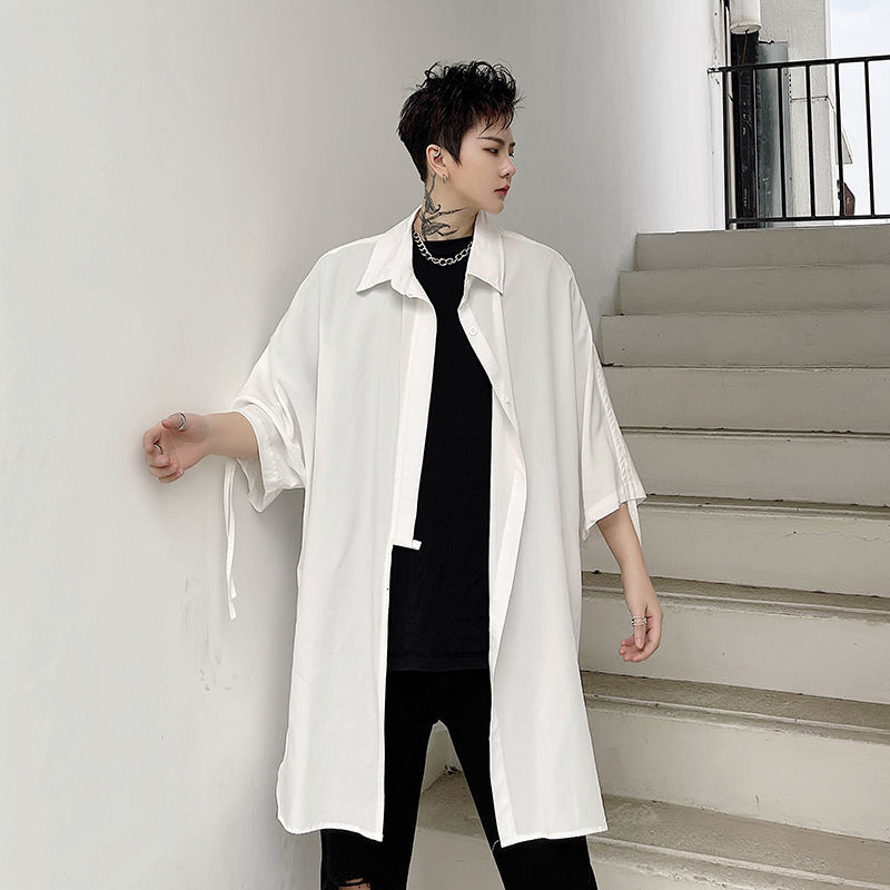 IEFB Summer Trend Three Quarter Sleeve White Shirt Men's Loose Personality Casual Oversized Shirts Streetwear Rope Tops 210524