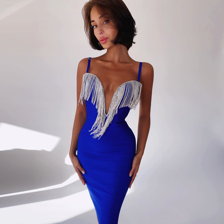 Summer Tassels Spaghetti Strap Bodycon Club Bandage Dress Sexy Sleeveless Celebrity Evening Runway Party Dresses 210423