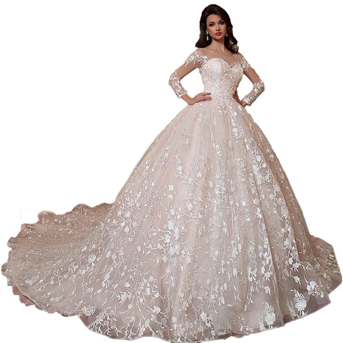 Princess Lace Ball Gown Wedding Dress For bride with Long sleeves Sheer Neck Beaded Waistline Court Train Lace-up Back Vestido De Noiva Plus Size Brid