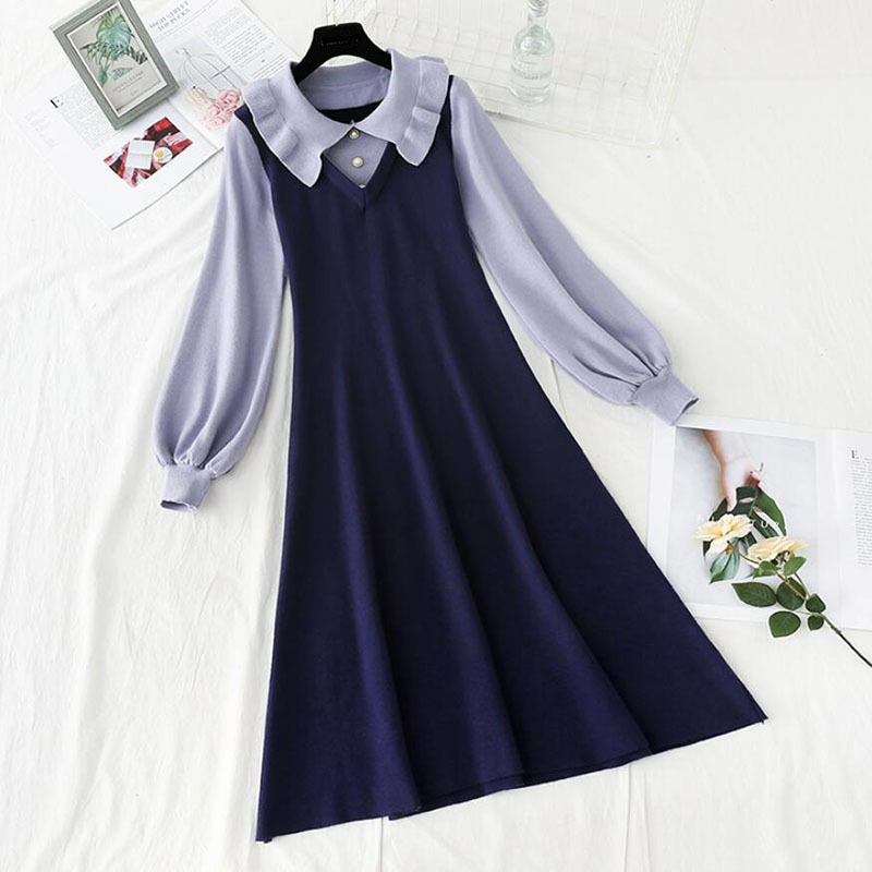 Autumn Winter Long Dress Women Elegant Lotus leaf collar Slim A-line Sweater Dresses Lantern sleeve Office Lady Knitted Dress 210521