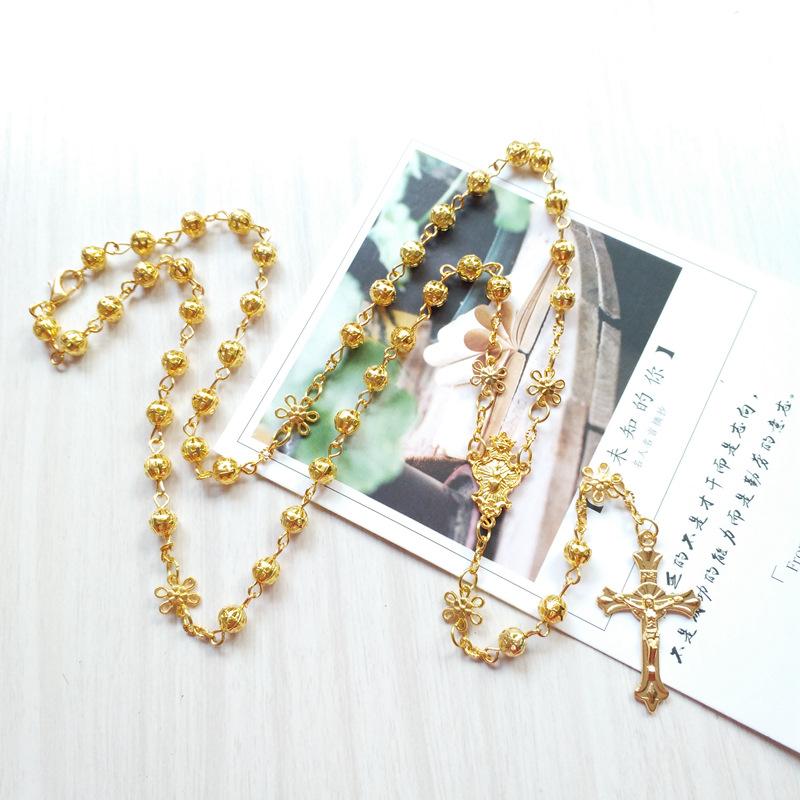 Pendant Necklaces Religious Gold Rosary Necklace Flower Hollow Prayer Beads Chain Catholic Crucifix Cross Church Baptism Jewelry Hangings