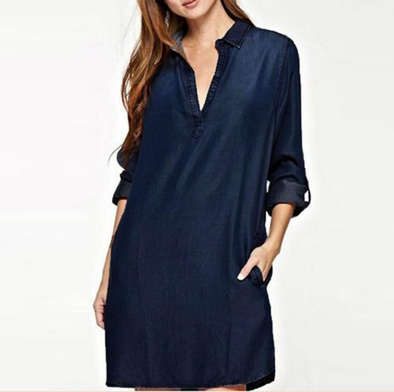 Casual Dresses Denim Dress For Women 2022 Autumn Blue V-Neck Long Sleeve Mini Plus Size Washed Shirt Vestidos