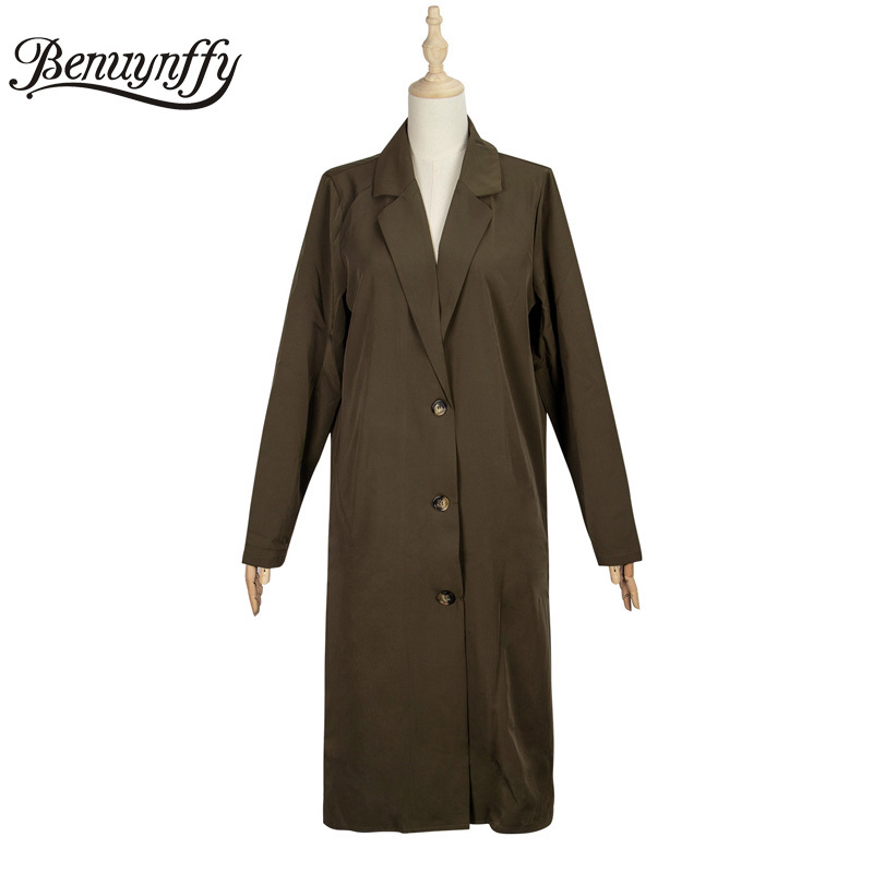 Army Green Notched Collar Single Breasted Trench Coat Women Autumn Streetwear Fashion Split Hem Long Coats Outerwear 210510