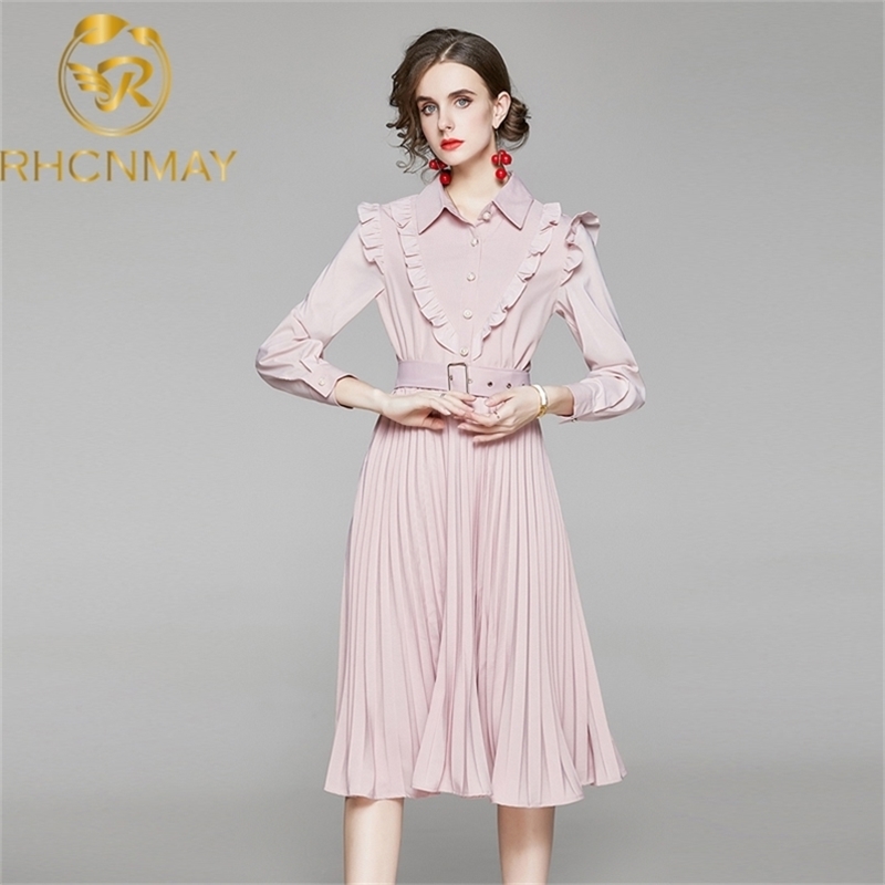 Spring Autumn Women Dress High Quality Fashion Pleated Hem Pink Trimmed With Agaric Laces Send The Belt 210506