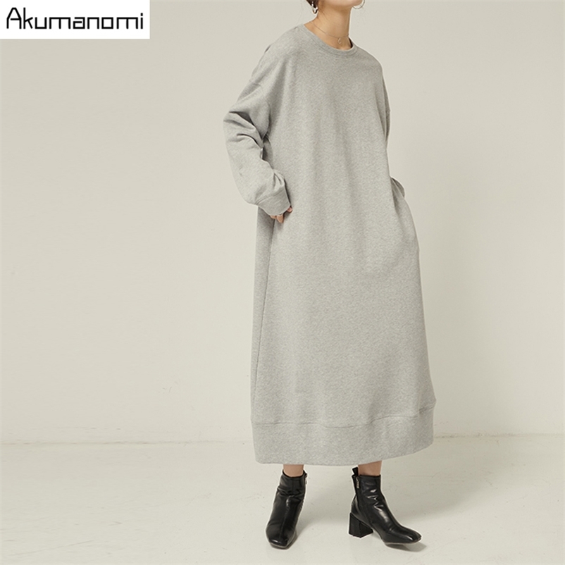 autumn spring plus size maxi dresses for women xxxl 4xl 5xl 6xl 7xl gray o neck long sleeve Casual fall dress with pockets 210409