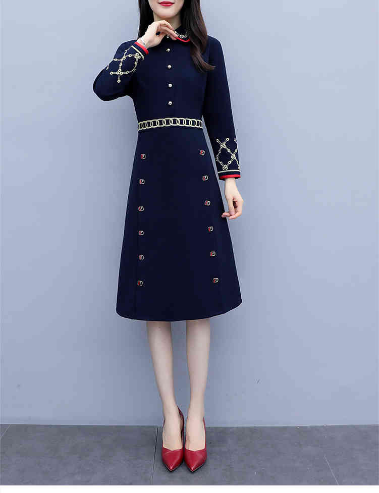 Autumn Blue Elegant Embroidered Dress Women Plus Size Long Sleeve Ol Style Vintage Party A-line Dresses Vestidos Mujer 210518