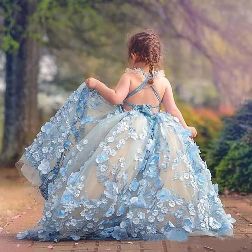 Pretty Ball Gown Princess Flower Girl Dresses For Wedding 3D Floral Appliqued Toddler Pageant Gowns Floor Length Plffy Tulle Kids Prom Dress