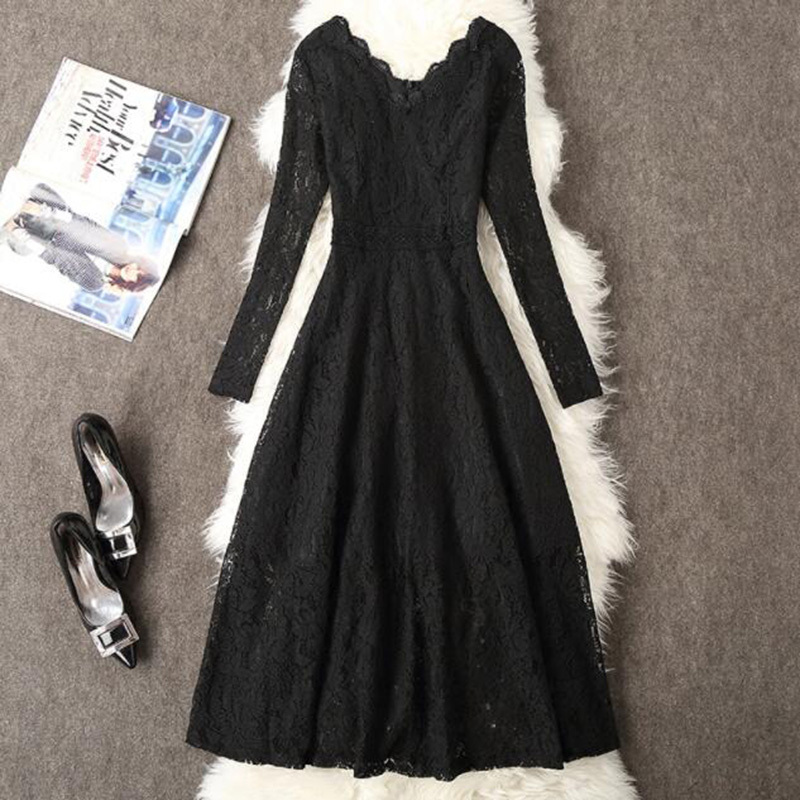 Spring Women Long Sleeve Lace Dress Big Size M-3XL Dress Elegant Lady Long V-neck Dressess Vestidos Autumn Bottomings 210521