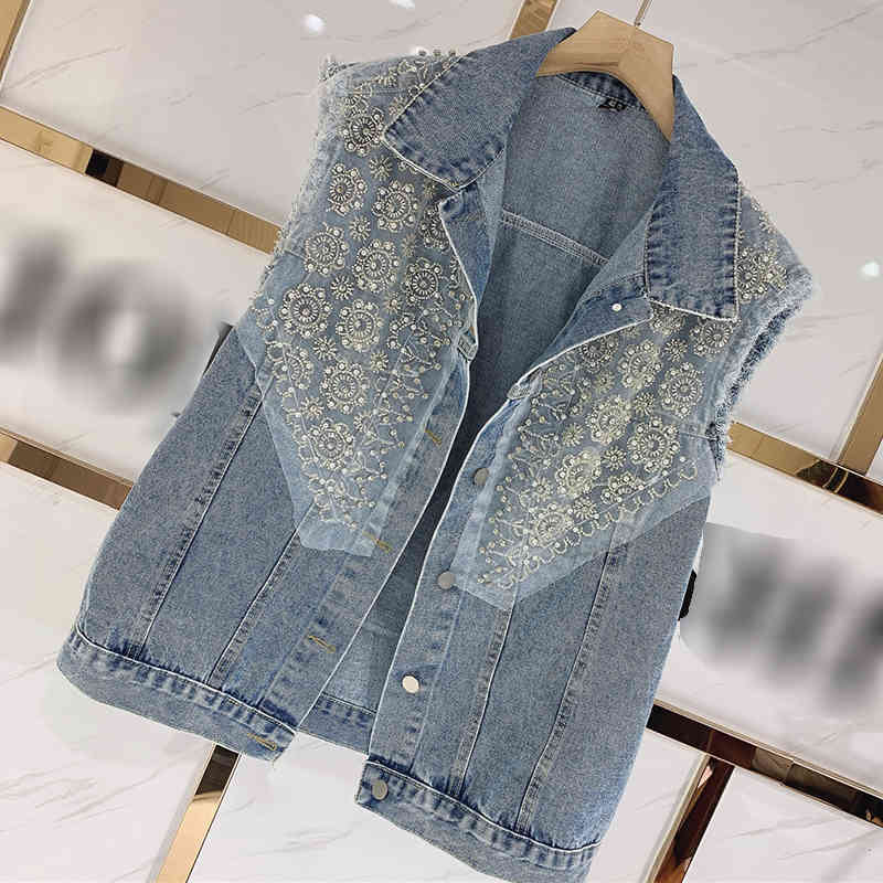 Casual Patchwork Lace Vest Coat For Women Lapel Sleeveless Loose Denim Jackets Female Fashion Clothing 210524