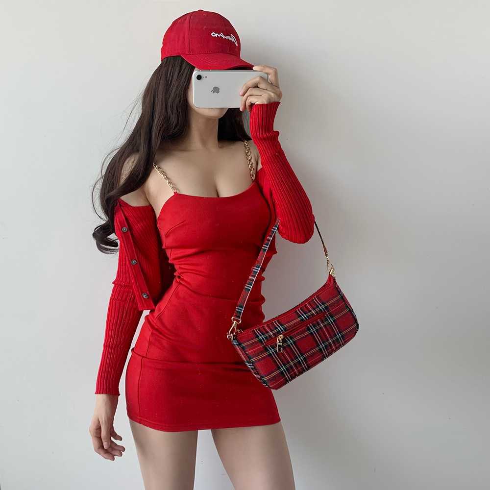 WOMENGAGA Spring Sexy Slim Elastic Thin Metal Chain Low Chest Slash Neck Solid Color Spaghetti Strap Tank Mini Dress 1D 210603