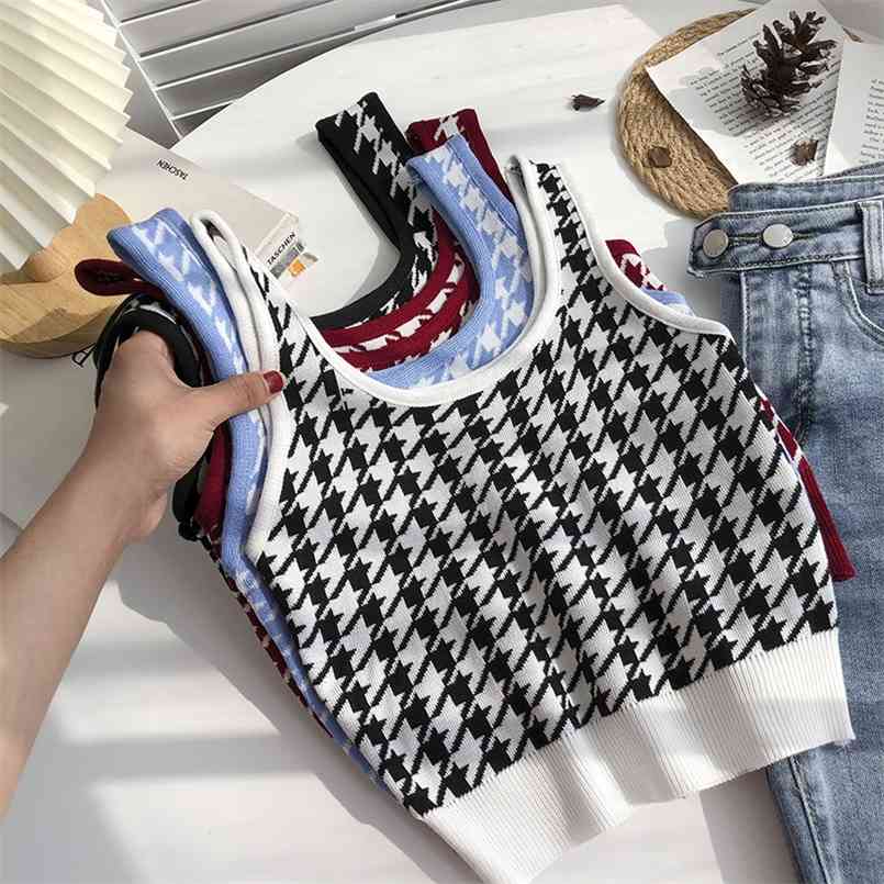 Fashion Plaid color houndstooth o neck sleeveless knit vest women's Korean casual slim short suspender top womens tank tops 210508