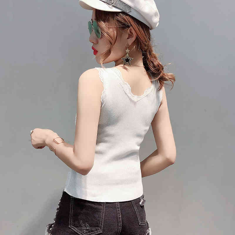 Casual V Neck Sleeveless Clothes Korean Women's Sexy Summer Tanks Tops Fashion Lace Patchwork Top Black White Clothing 8632 50 210506